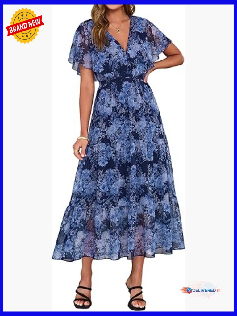 Flowy Boho Maxi Dress With V Neck Ruffle Sleeves For Wedding Guest Beach
